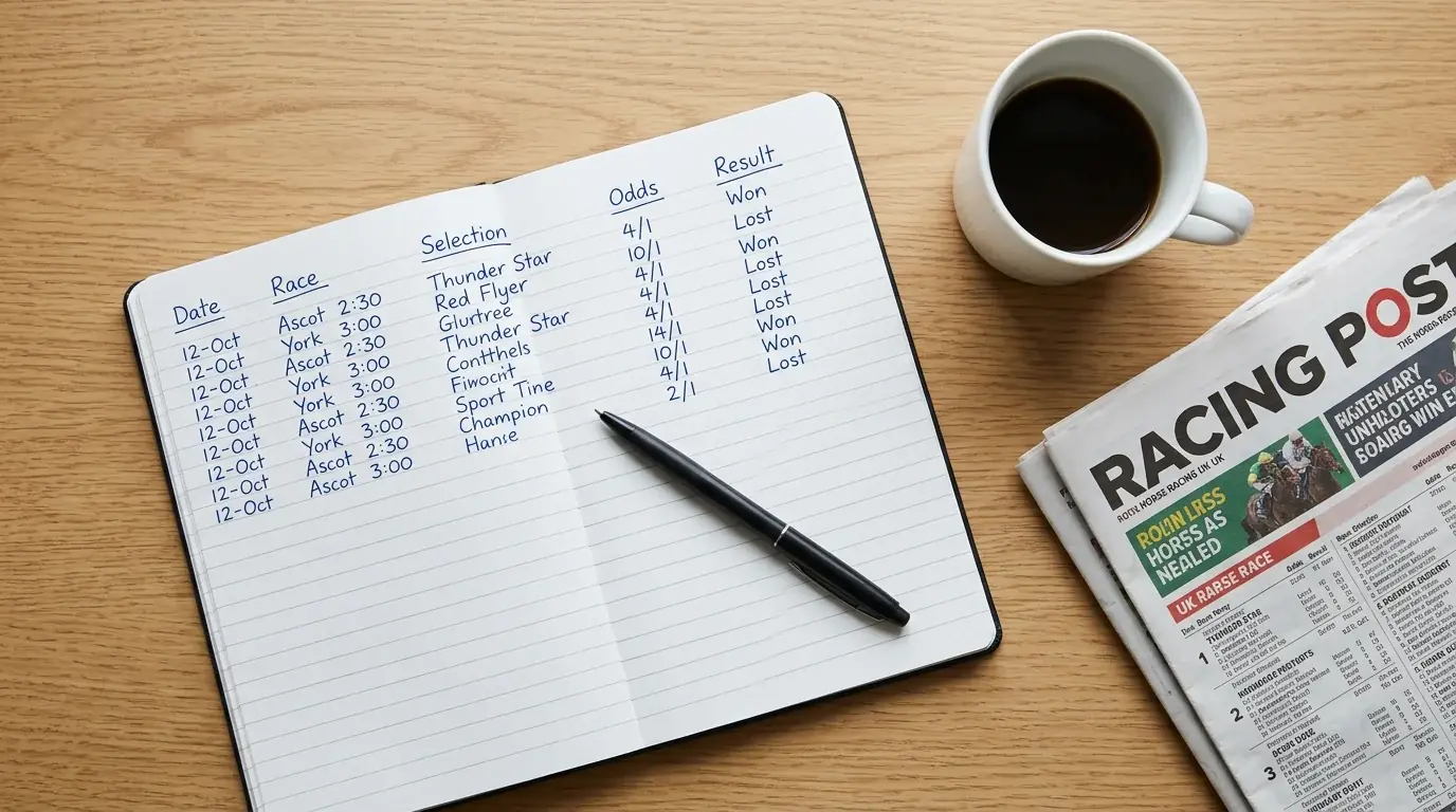 Punter recording horse racing bets in a tracking spreadsheet with staking plan and ROI columns